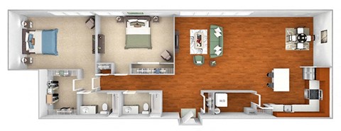Floor plan for 2 beds, 2 baths, 1264 sqft