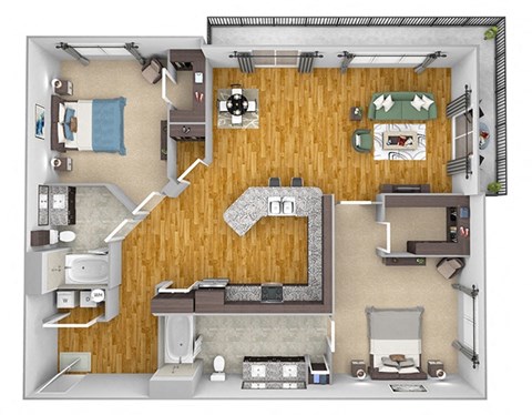 Floor plan for 2 beds, 2 baths, 1307 sqft