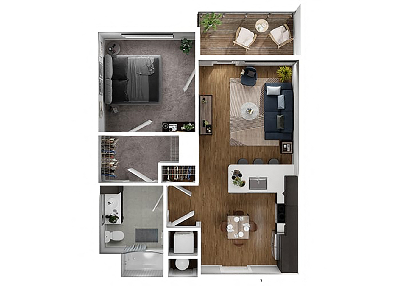 Floor plan for 1 bed, 1 bath, 697 sqft