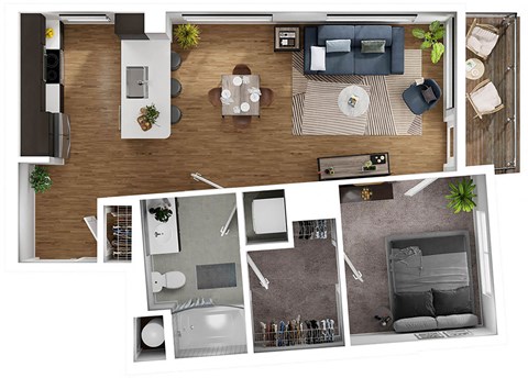 Floor plan for 1 bed, 1 bath, 728 sqft