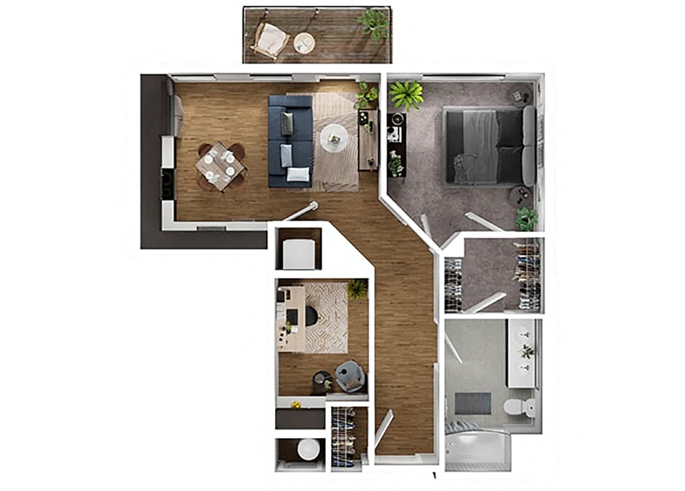 Floor plan for 1 bed, 1 bath, 799 sqft
