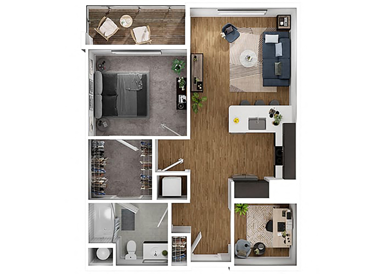 Floor plan for 1 bed, 1 bath, 821 sqft