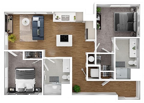 Floor plan for 2 beds, 2 baths, 979 sqft