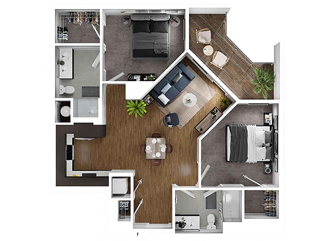 Floor plan for 2 beds, 2 baths, 1050 sqft