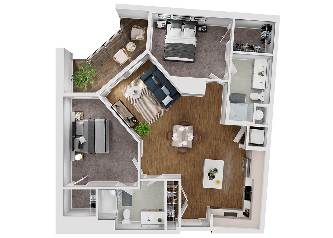 Floor plan for 2 beds, 2 baths, 1055 sqft