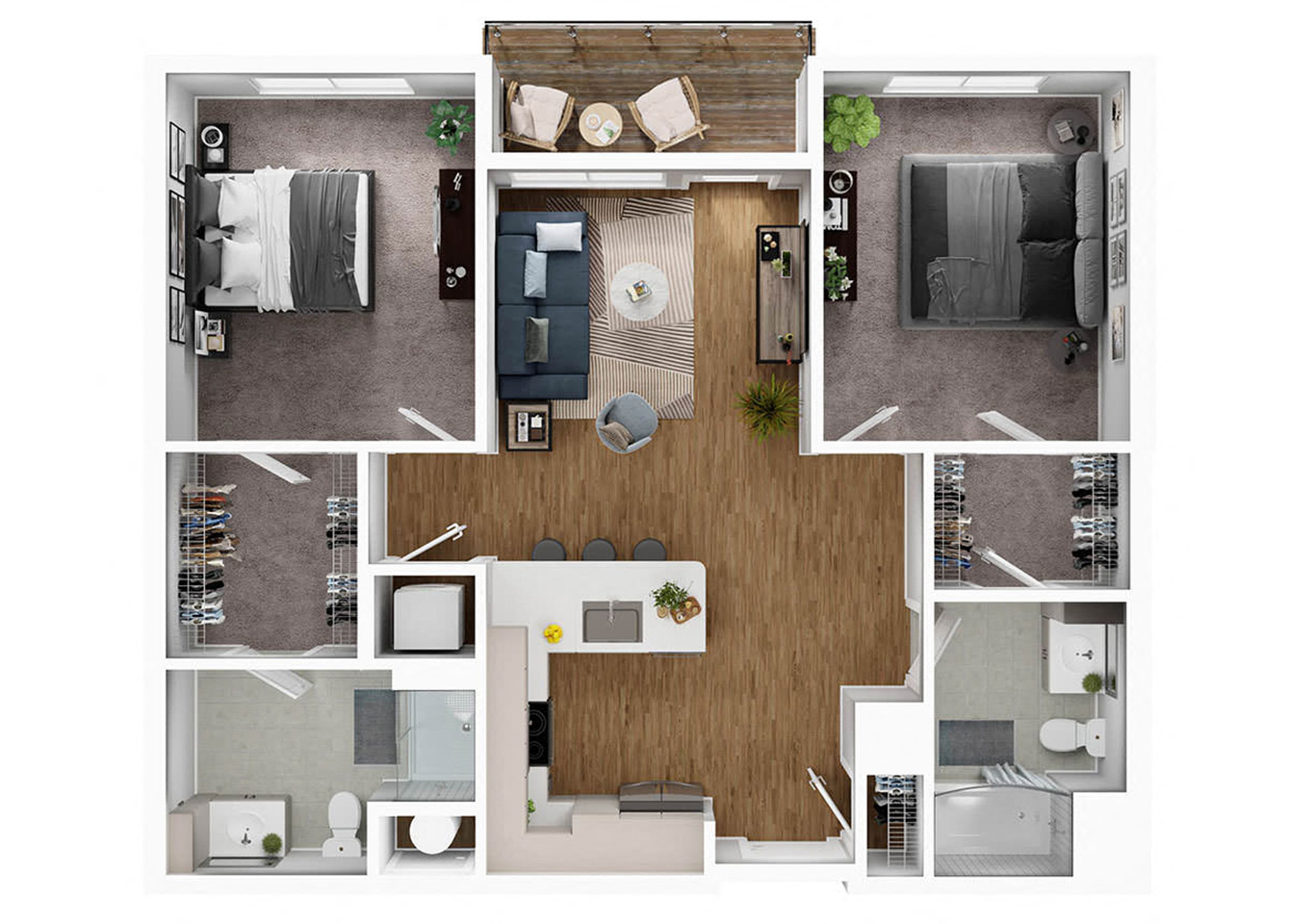 Floor plan for 2 beds, 2 baths, 1061 sqft