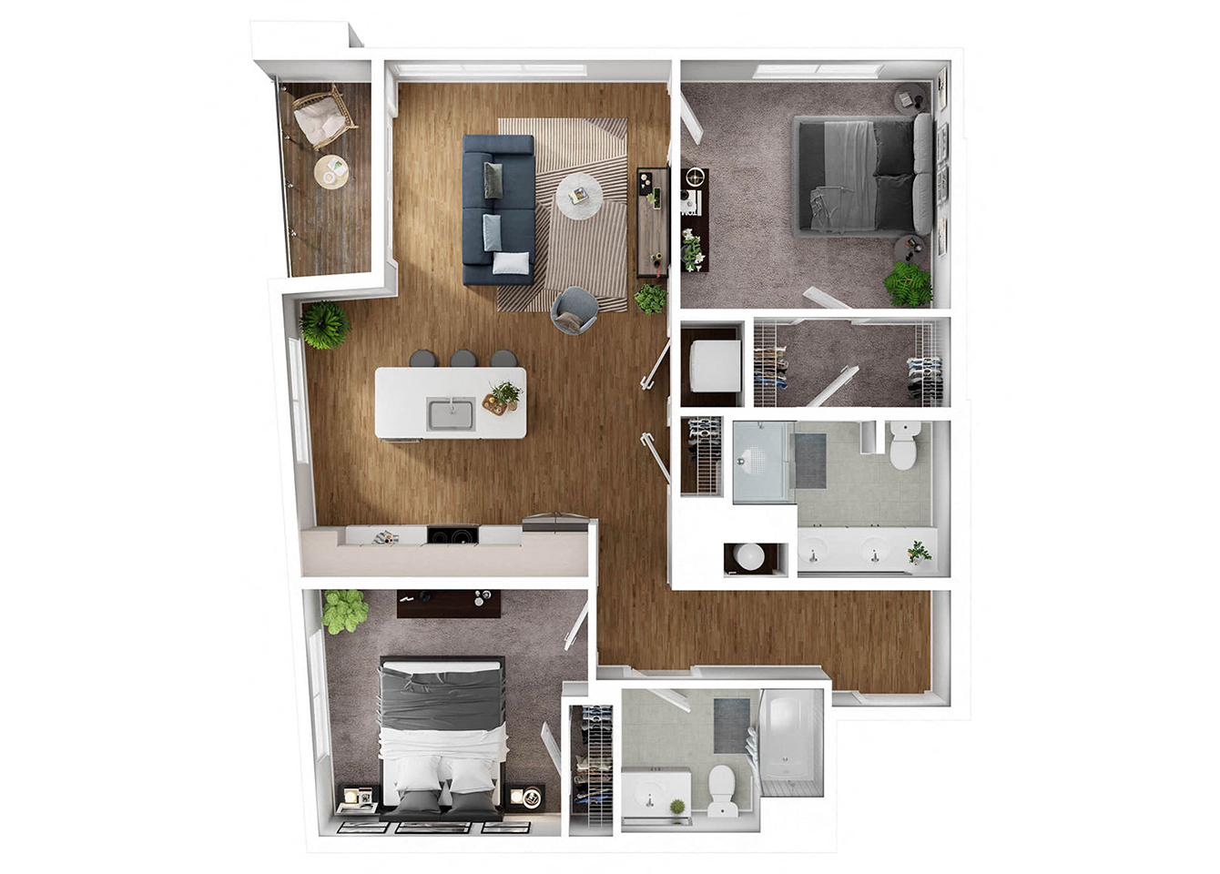Floor plan for 2 beds, 2 baths, 1065 sqft