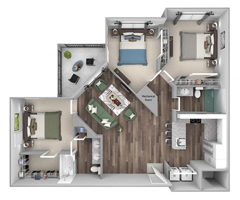 Floor plan for 3 beds, 2 baths, 1298 sqft