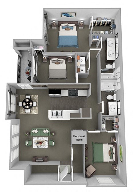 Floor plan for 3 beds, 2 baths, 1335 sqft