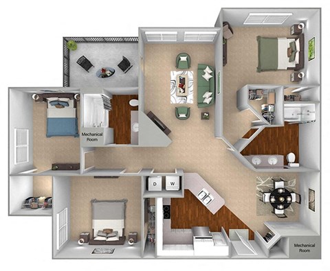 Floor plan for 3 beds, 2 baths, 1454 sqft