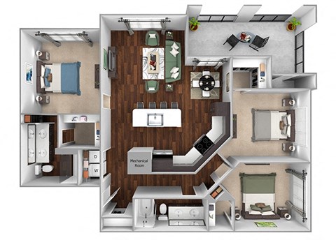 Floor plan for 3 beds, 2 baths, 1350 sqft
