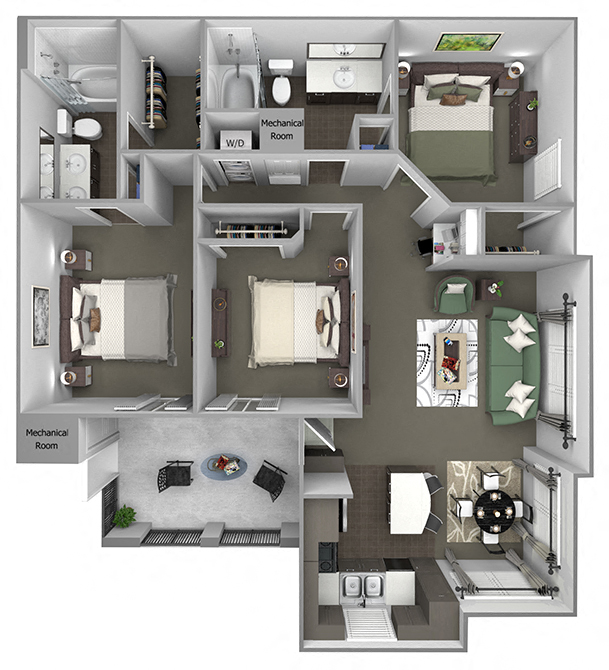 Floor plan for 3 beds, 2 baths, 1308 sqft