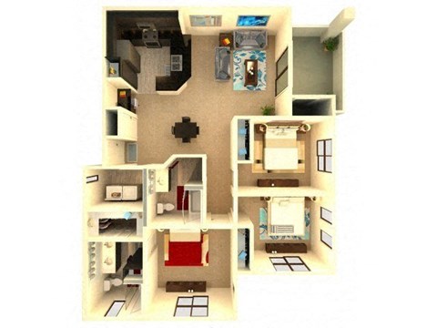 Floor plan for 3 beds, 2 baths, 1285 sqft