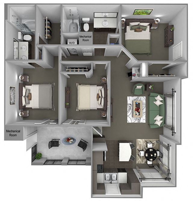 Floor plan for 3 beds, 2 baths, 1341 sqft