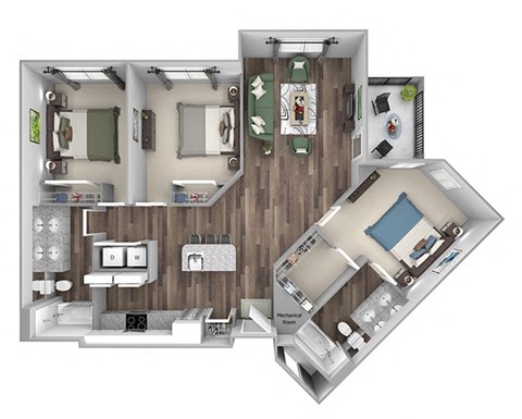 Floor plan for 3 beds, 2 baths, 1328 sqft