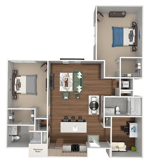 Floor plan for 2 beds, 2 baths, 1078 sqft