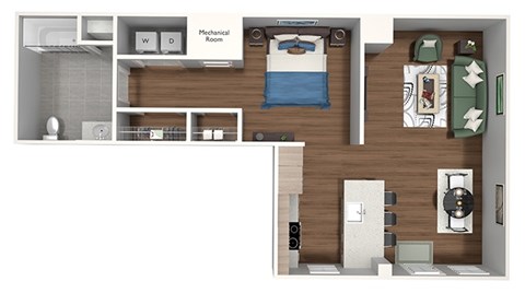 Floor plan for studio, 1 bath, 636 sqft