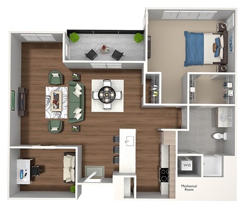 Floor plan for 1 bed, 1 bath, 855 sqft