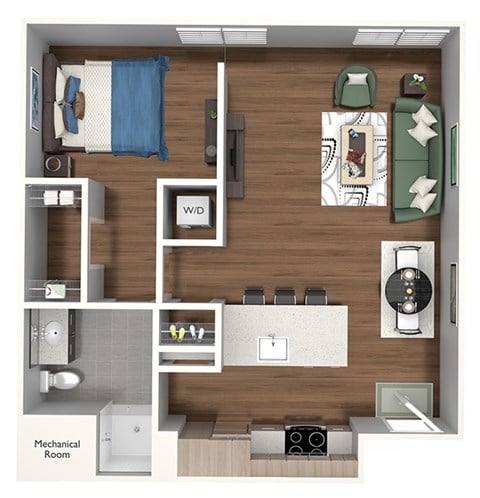 Floor plan for studio, 1 bath, 637 sqft