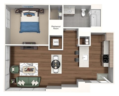 Floor plan for 1 bed, 1 bath, 567 sqft