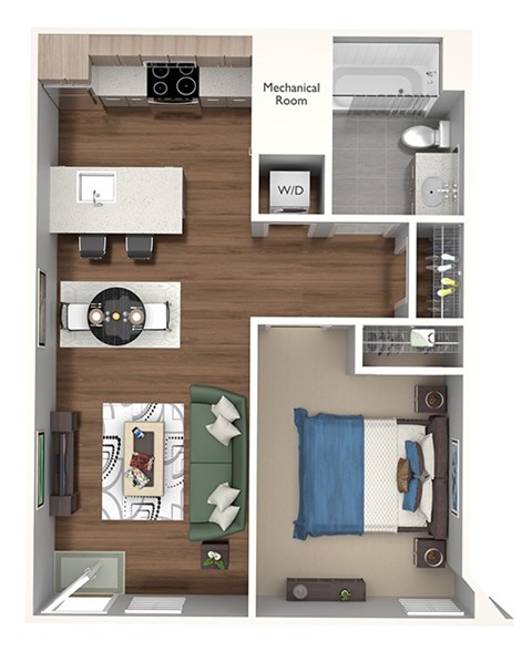 Floor plan for 1 bed, 1 bath, 613 sqft