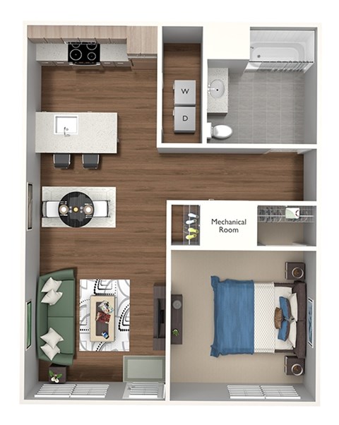 Floor plan for 1 bed, 1 bath, 643 sqft