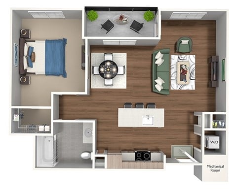 Floor plan for 1 bed, 1 bath, 725 sqft