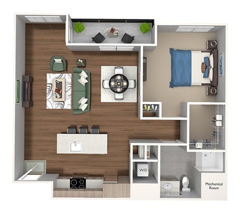 Floor plan for 1 bed, 1 bath, 749 sqft