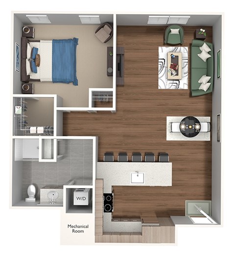 Floor plan for 1 bed, 1 bath, 763 sqft