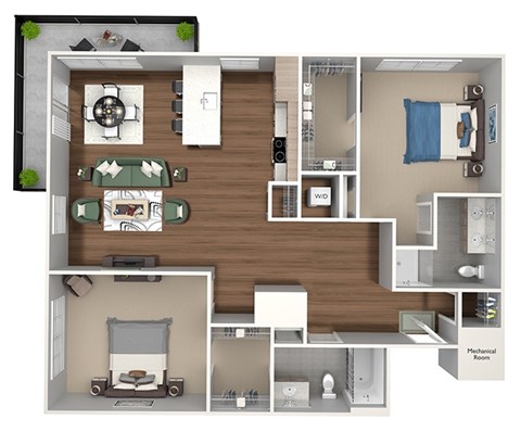 Floor plan for 2 beds, 2 baths, 1020 sqft