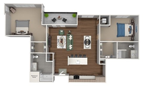 Floor plan for 2 beds, 2 baths, 1024 sqft