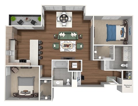 Floor plan for 2 beds, 2 baths, 1106 sqft