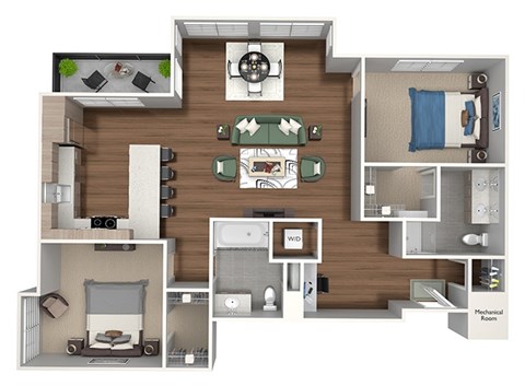 Floor plan for 2 beds, 2 baths, 1127 sqft