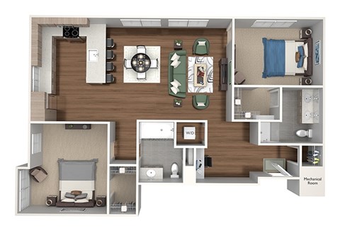 Floor plan for 2 beds, 2 baths, 1136 sqft