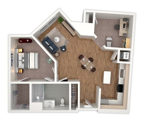 Floor plan for 1 bed, 1 bath, 962 sqft