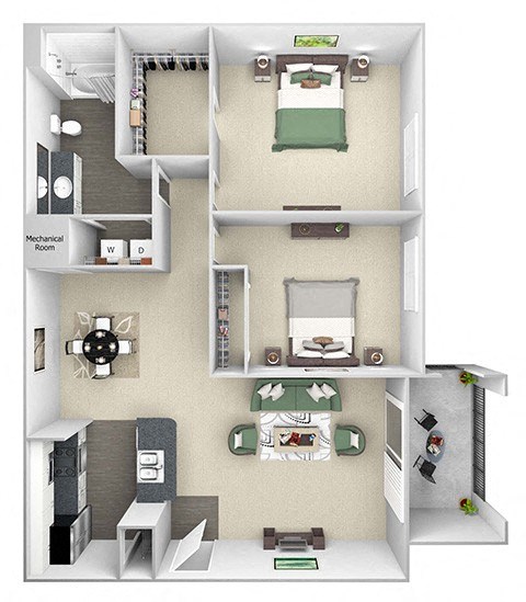 Floor plan for 2 beds, 1 bath, 990 sqft