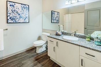 Granite countertops in kitchen and bath with stream-lined nickel accessories and hardware