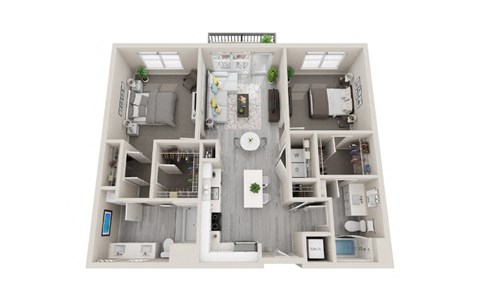Floor plan for 2 beds, 2 baths, 1077 sqft