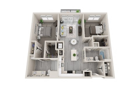 Floor plan for 2 beds, 2 baths, 1077 sqft