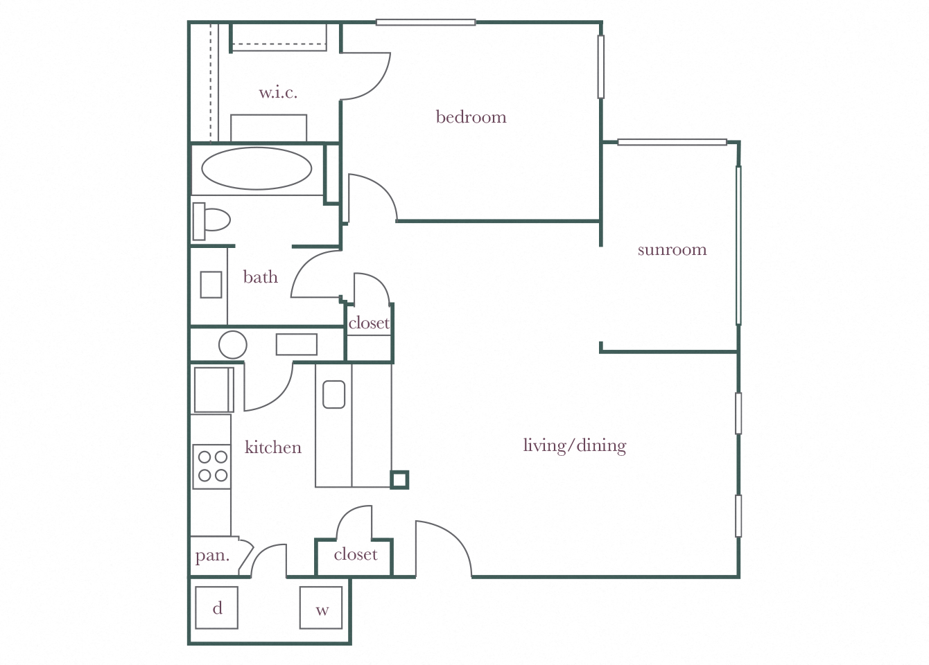 Floor plan for 1 bed, 1 bath, 832 sqft