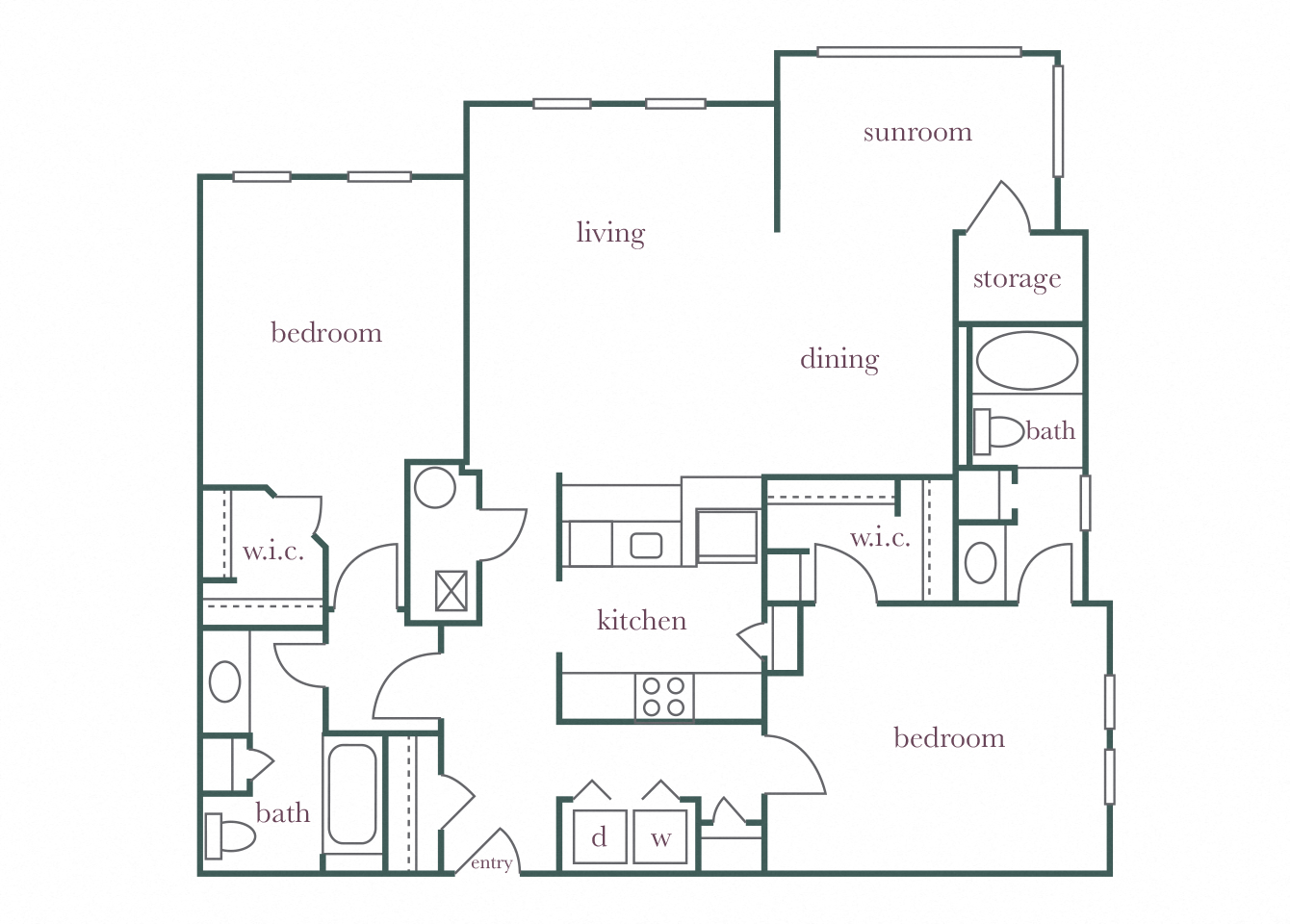 Floor plan for 2 beds, 2 baths, 1330 sqft