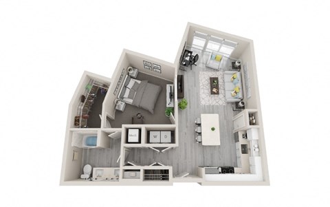 Floor plan for 1 bed, 1 bath, 837 sqft