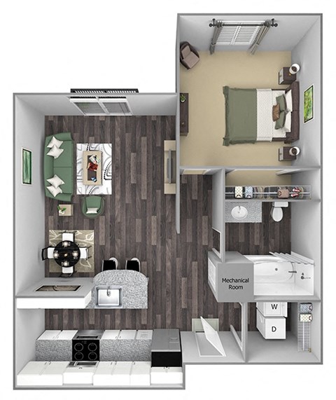 Floor plan for 1 bed, 1 bath, 744 sqft