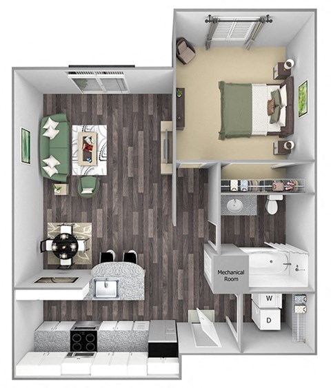 Floor plan for 1 bed, 1 bath, 764 sqft
