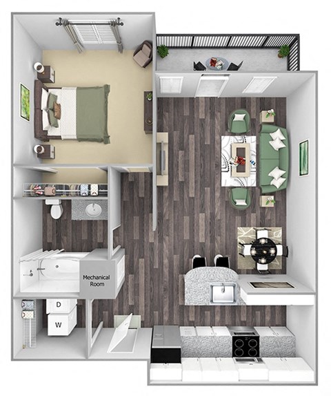 Floor plan for 1 bed, 1 bath, 764 sqft