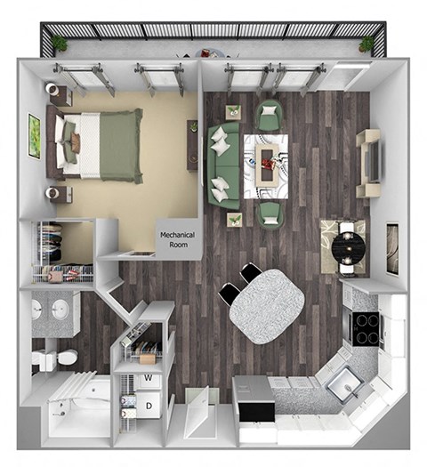 Floor plan for 1 bed, 1 bath, 786 sqft
