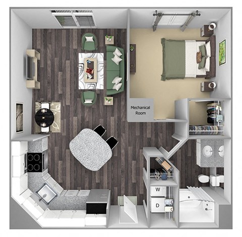 Floor plan for 1 bed, 1 bath, 791 sqft