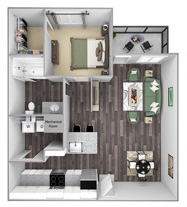 Floor plan for 1 bed, 1 bath, 867 sqft