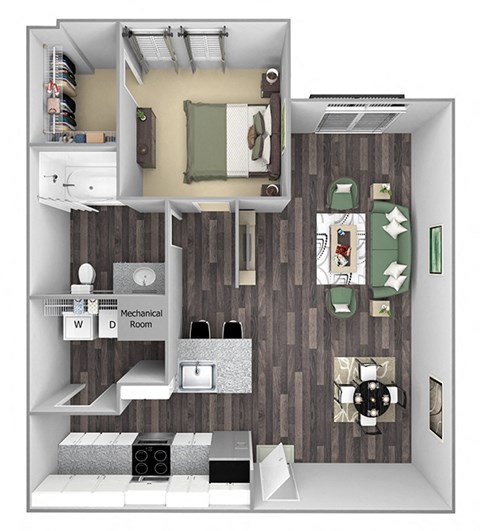 Floor plan for 1 bed, 1 bath, 901 sqft