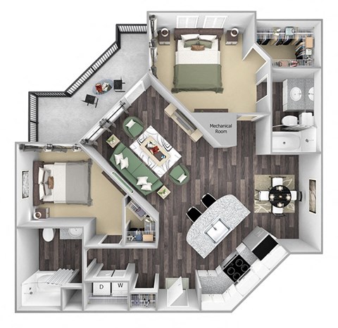 Floor plan for 2 beds, 2 baths, 1155 sqft